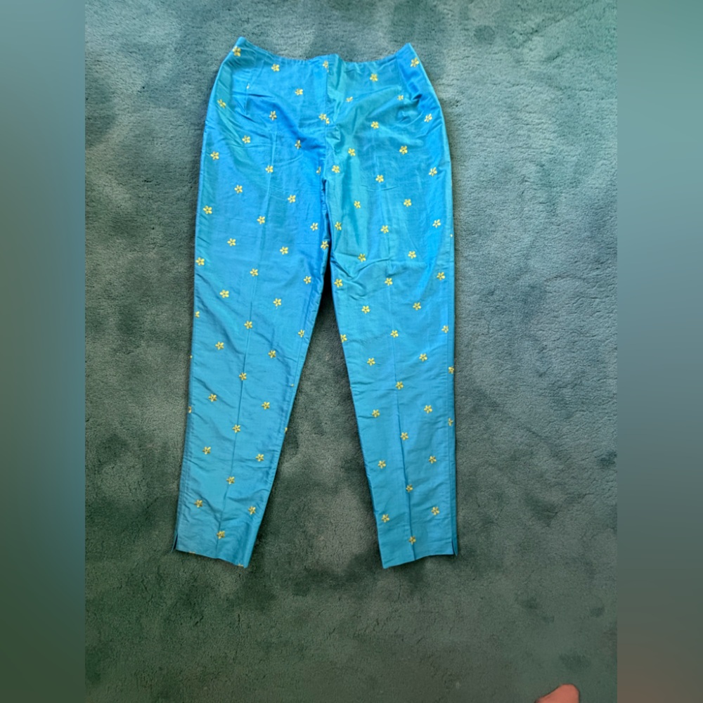 Sylvia Heisel Teal Straight-Leg Pants with Yellow Floral Embroidery